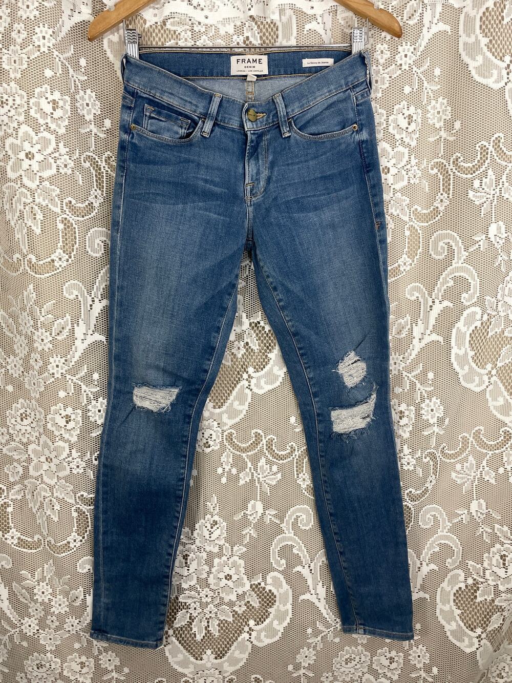 Frame Jeans Le Skinny De Jeanne Distressed Ankle Blue Laurel Denim size 26